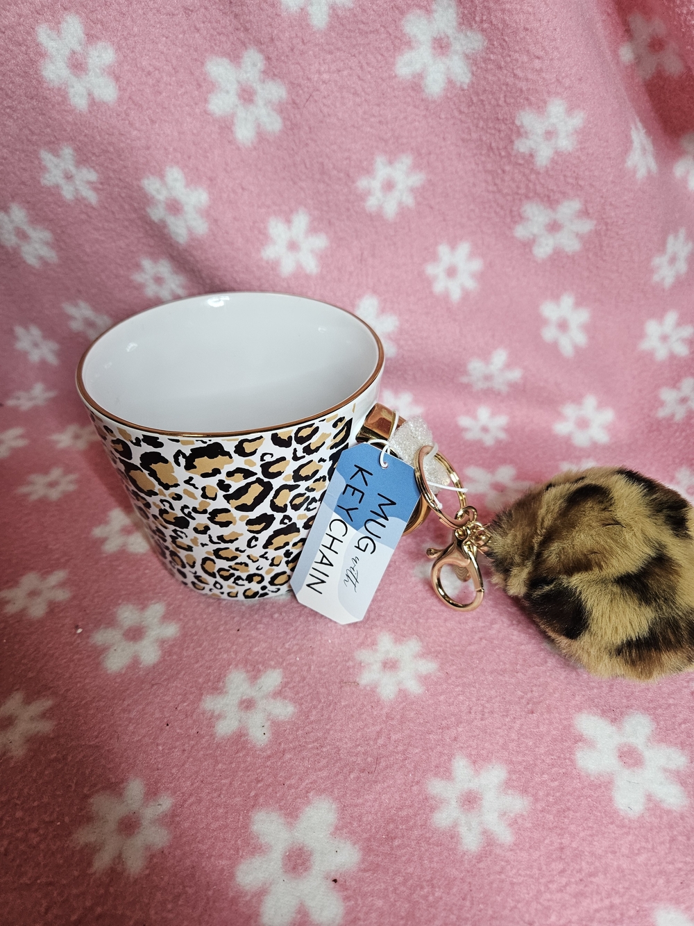 Leopard Print Ceramic Mug with Faux Fur Pom Pom Keychain - White & Brown